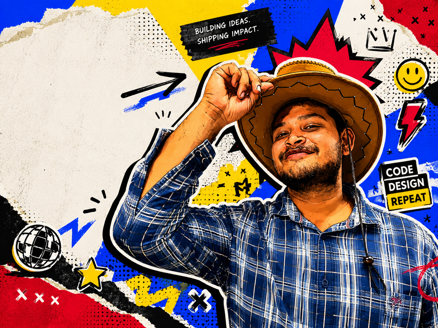 Comic-collage portrait of Venkata Subash surrounded by halftones and stickers.